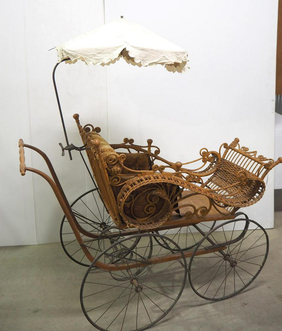 Wicker baby carriage with umbrella: Wicker push-type baby carriage with umbrella -BUYER MUST ARRANGE SHIPPING.