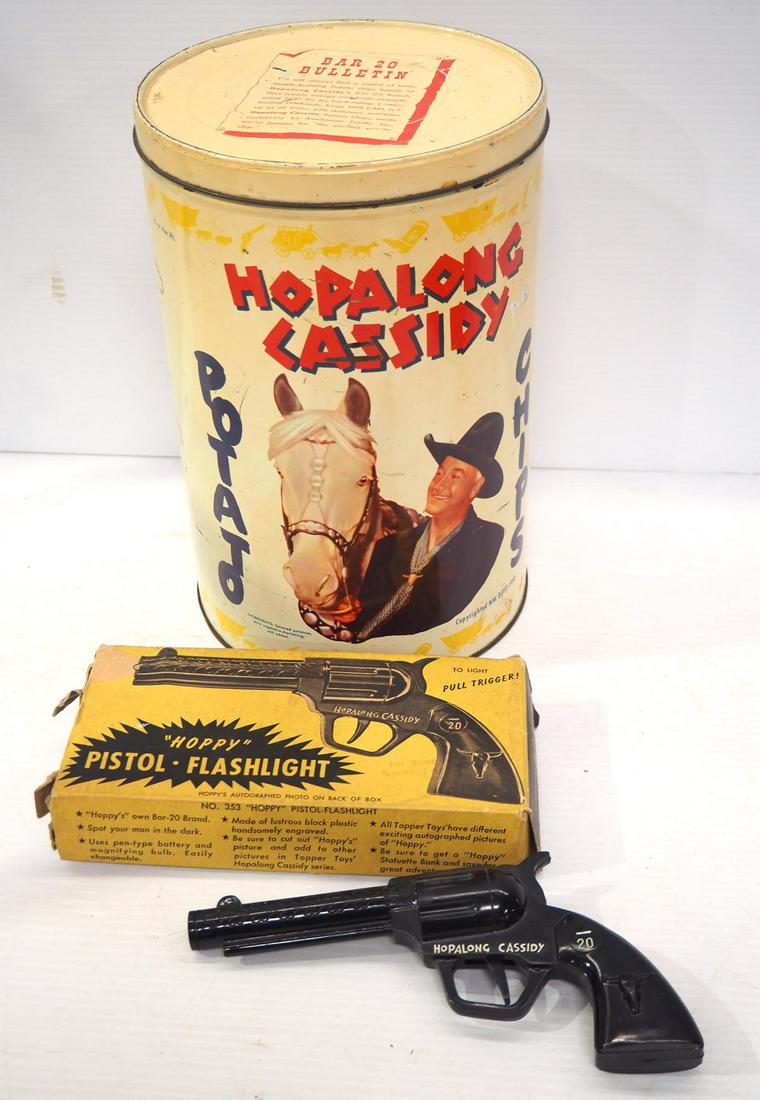 Hopalong Cassidy pistol flashlight: Hopalong Cassidy pistol flashlight with fair box -doesn't work, bulb loose / tin Hopalong Cassidy Chips container