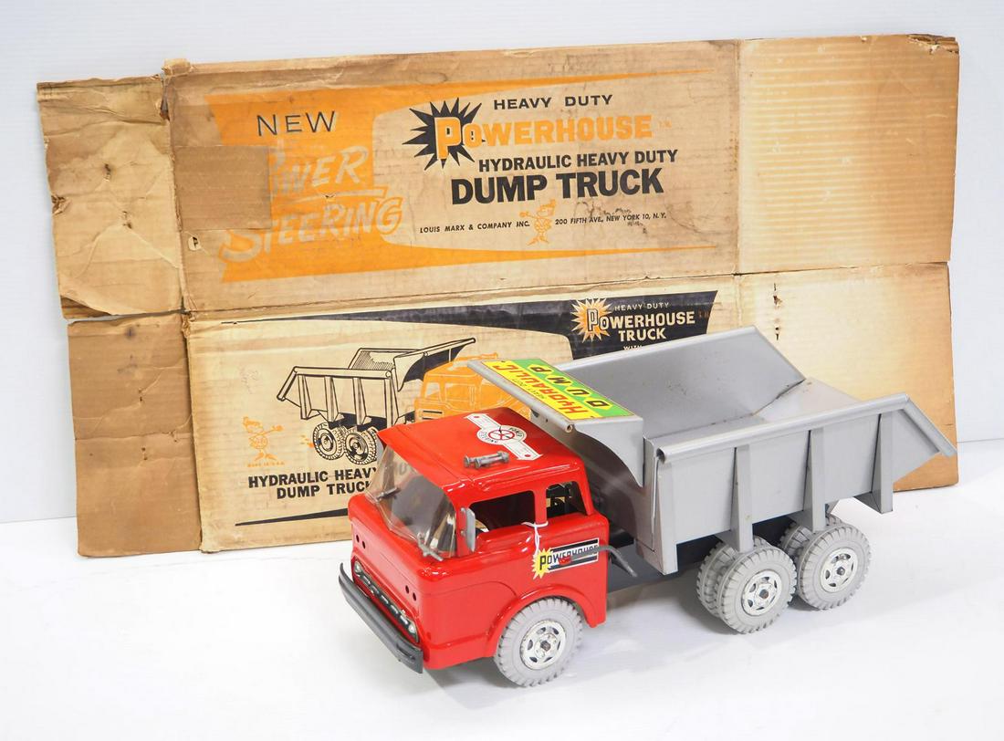 Marx hydraulic Power Steering Dump Truck: Marx hydraulic Power Steering Dump Truck with folded box -Toy is Excellent, box is fair