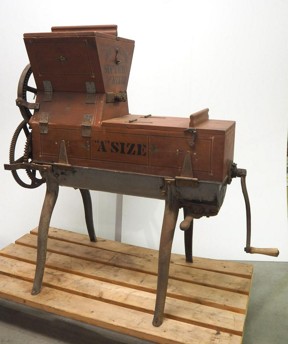Hunters "A Size" floor sifter mixer: Hunters "A Size" floor sifter mixer with cast iron bottom, excellent original paint and stenciling - -Buyer to arrange shipping
