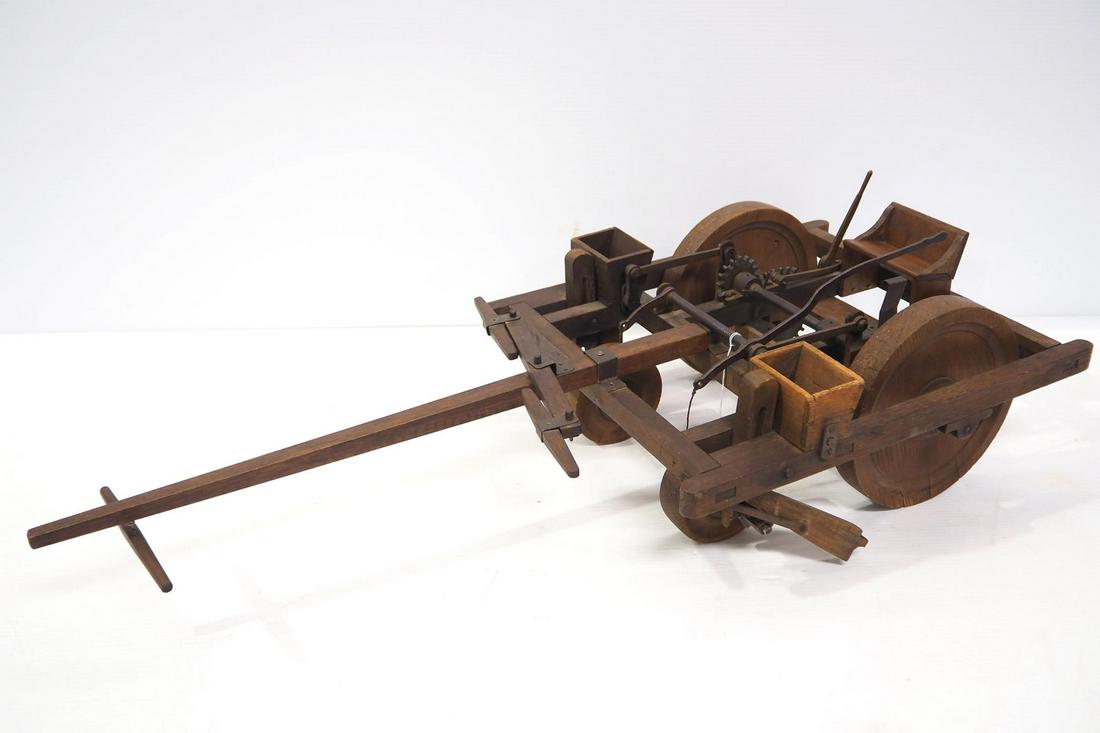 Salesman sample horse-drawn planter: 34"L wood, cast iron & brass salesman sample horse-drawn planter with wooden seat