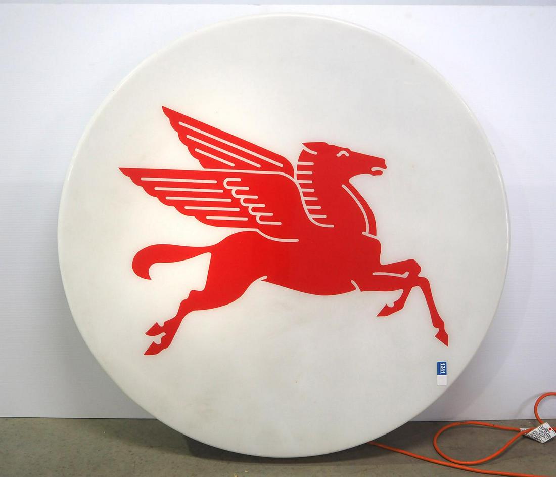 Lighted Mobiloil Pegasus sign: 48"dia. plastic, lighted Mobiloil Pegasus sign -newer wiring & cord, bulbs are broken on inside -Buyer to arrange shipping