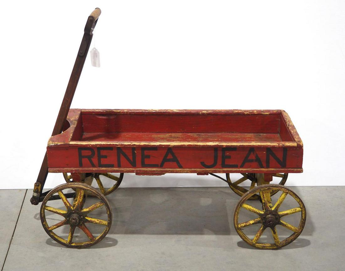 Primitive wooden child's wagon: Primitive wooden child's wagon with early paint, dated 1916, stenciled "Renae Jean & Robert Lee"