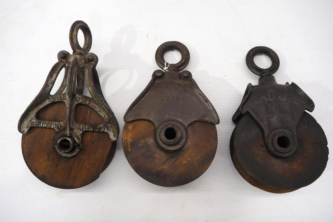 (3) Wood & iron barn pulleys (1 of 4)
