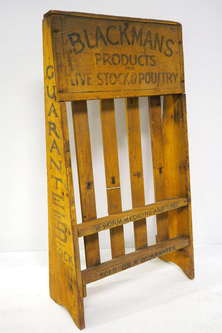 Blackman's medicine rack: Blackman's wooden store medicine rack stand