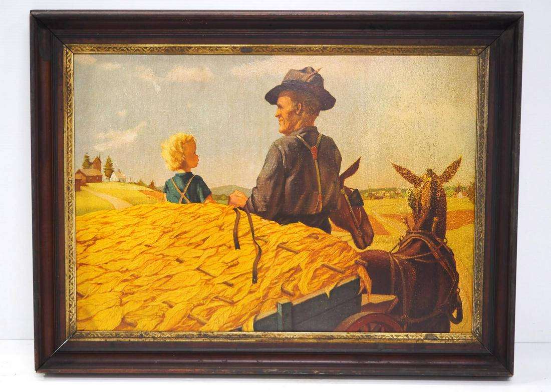 Lucky Strike Cigarettes tobacco print: 35"x26" framed cardboard print of "Wagon Load of Tobacco" painted by Paul Sample for Lucky Strike Cigarettes -Good