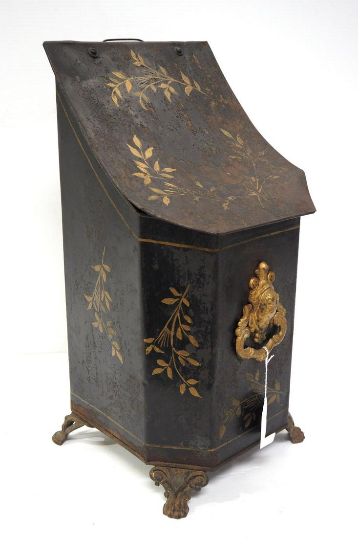 Small tin coal canister and scuttle: Small tin coal canister and scuttle with gold stenciling and casting of an owl, 22"x12"x11" -Some paint wear