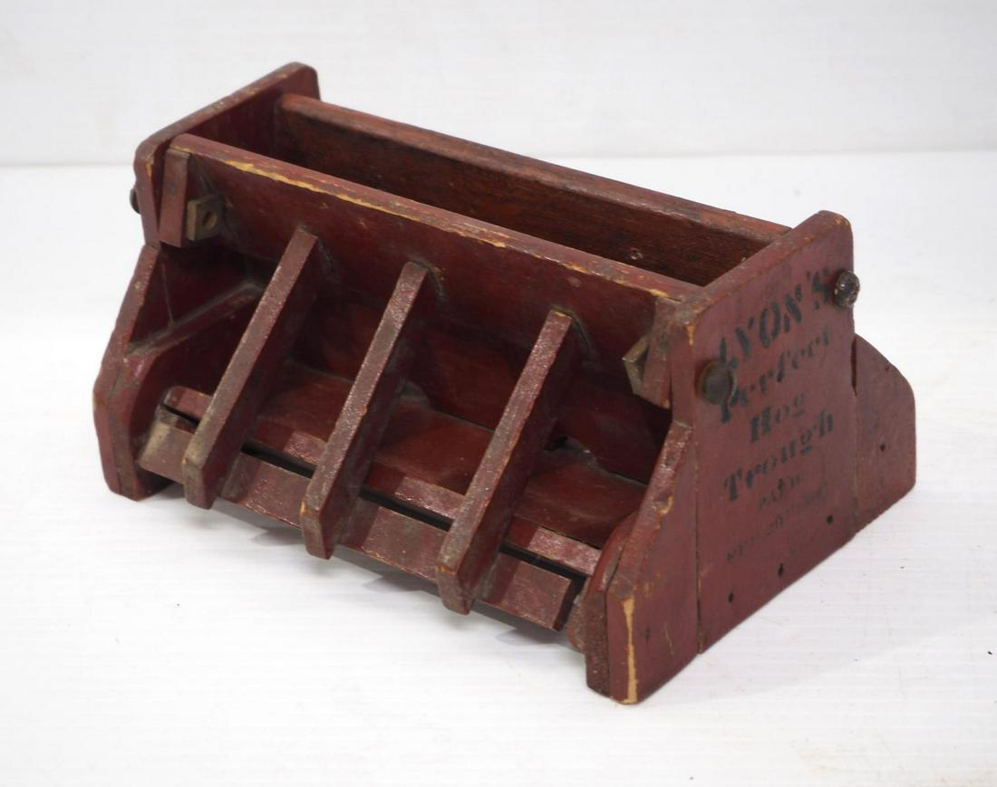 Salesman sample Lyon's Perfect hog trough: 7"x4" wooden salesman sample Lyon's Perfect hog trough with good original paint and stenciling