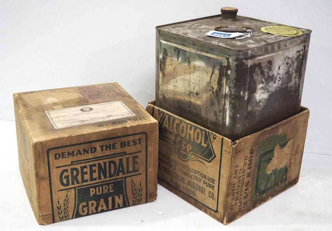 1932 Prohibition-era 3-gallon container: 1932 Greendale Pure Grain Alcohol Prohibition-era 3-gallon container with original box