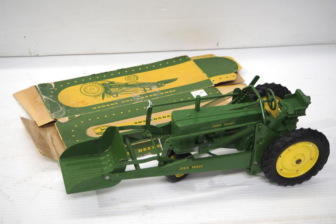 Eska John Deere Tractor with Eska John Deere Loader: Eska John Deere Tractor with Eska John Deere Loader -Tractor good with some paint loss, loader very good, flat rough box