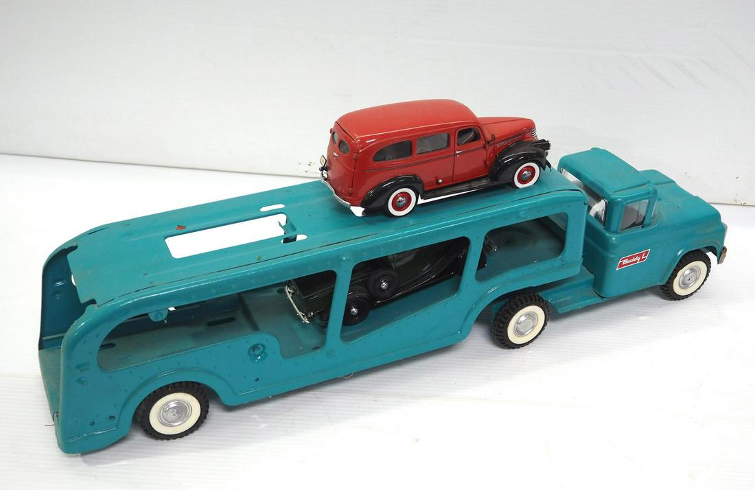 Buddy L Car Hauler with 2 added cars: Buddy L Car Hauler with 2 added cars, 26"L -Older repaint