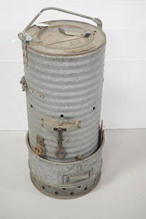 Gas railroad car heater: 30"H galvanized Klauer Baxter No.039 gas railroad car heater with brass tag -BUYER TO ARRANGE PICKUP