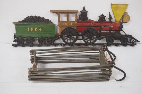 Railroad rack and plaque: Folding fire escape ladder for 2-story home / 27"x9" metal locomotive plaque probably from the 1970's