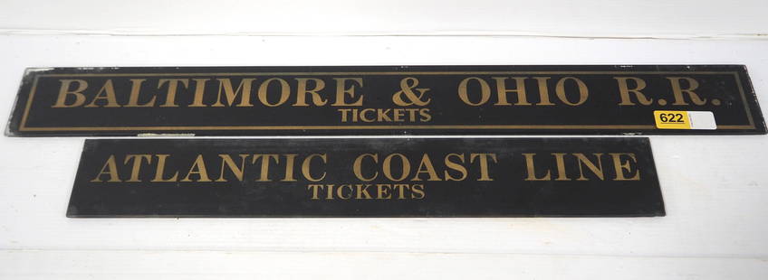(2) Railroad tickets signs: 34"x4" glass Baltimore & Ohio Railroad Tickets sign -Good / 24"x4" glass Atlantic Coast Line Tickets sign -Good -This lot will go to the UPS Store for packing & shipping.