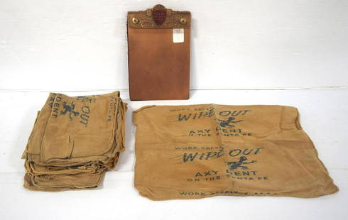 Misc. advertising items: 6"x10" copper Royal Insurance Co. paper holder / (13) Axy Dent On the Santa Fe cloths