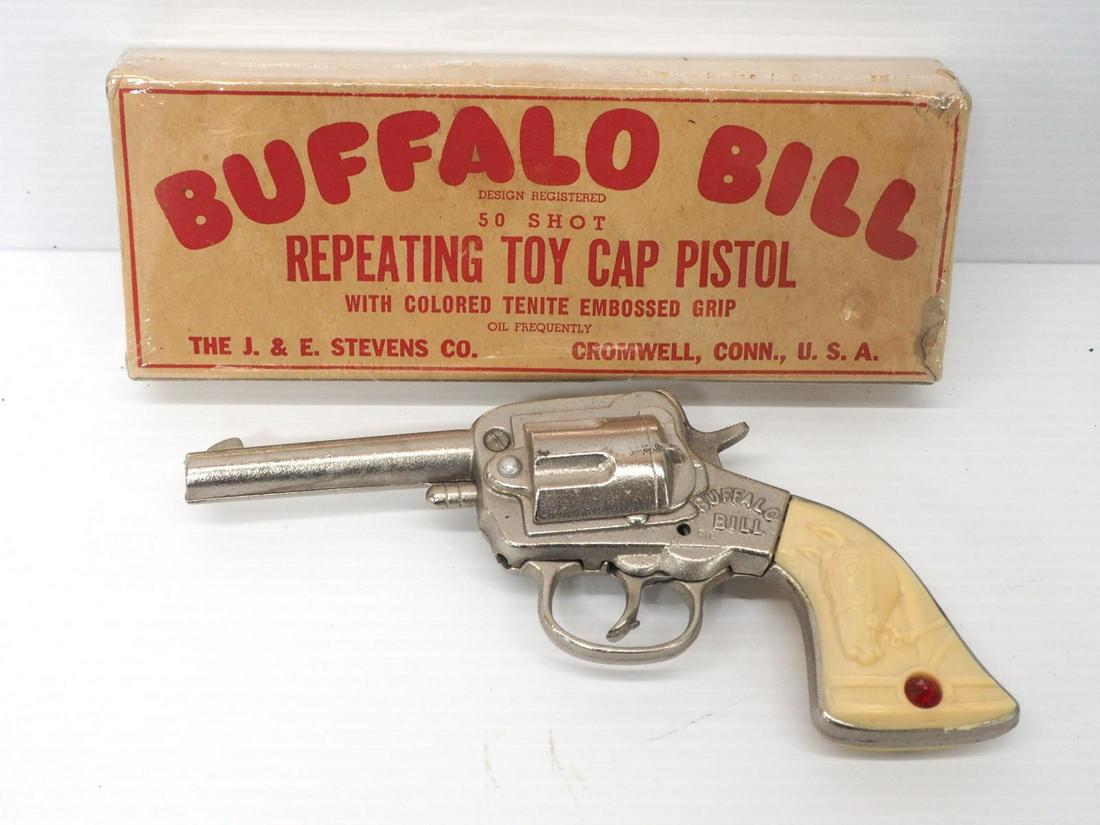 J & E Stevens Buffalo Bill Repeating Cap Gun: J. & E. Stevens Buffalo Bill Repeating Cap Gun with original box -Excellent
