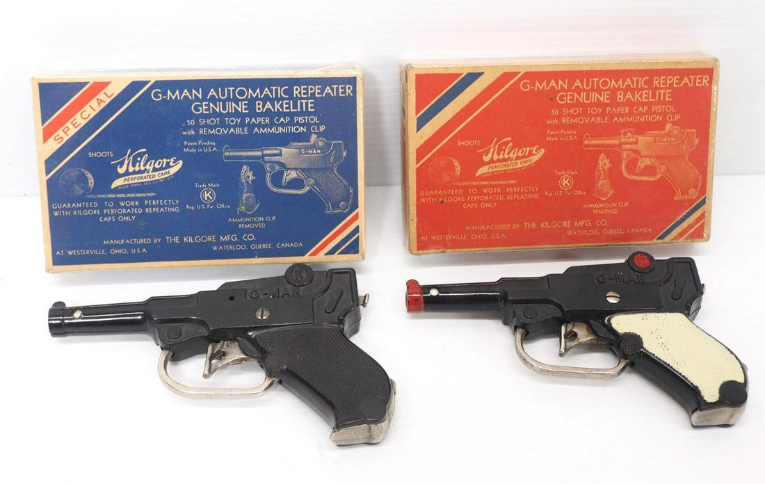 (2) Kilgore G-Man Automatic Repeater Cap Guns: (2) Kilgore G-Man Automatic Repeater Cap Guns with original box -Very Good, 1 box has corner torn off