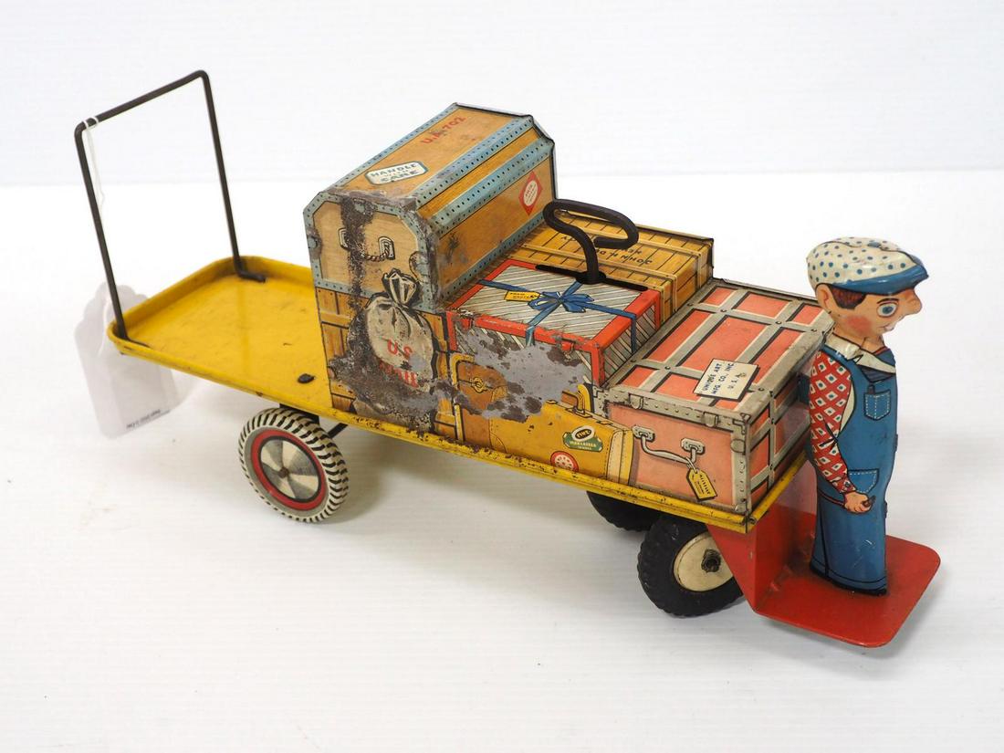 Unique Art wind-up Baggage Cart: Unique Art wind-up Baggage Cart -Fair, wind-up works, some paint loss
