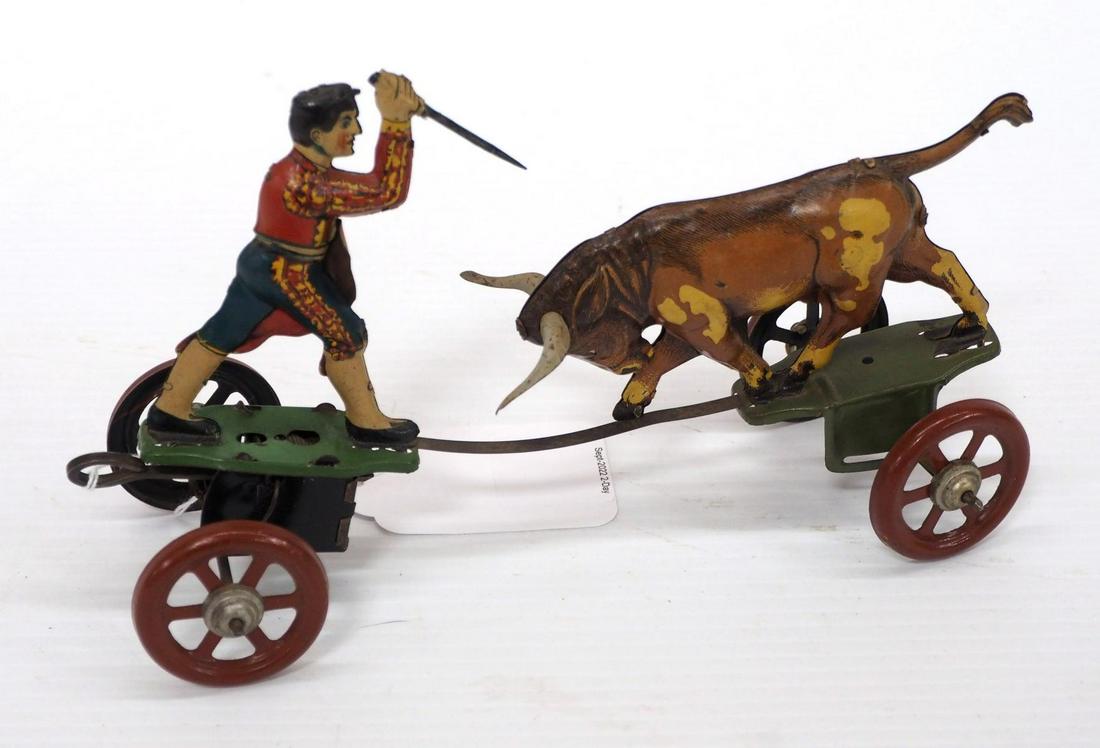 Penny Toy wind-up Bull & Bullfighter: Penny Toy wind-up Bull & Bullfighter, 8½"L -Excellent, works