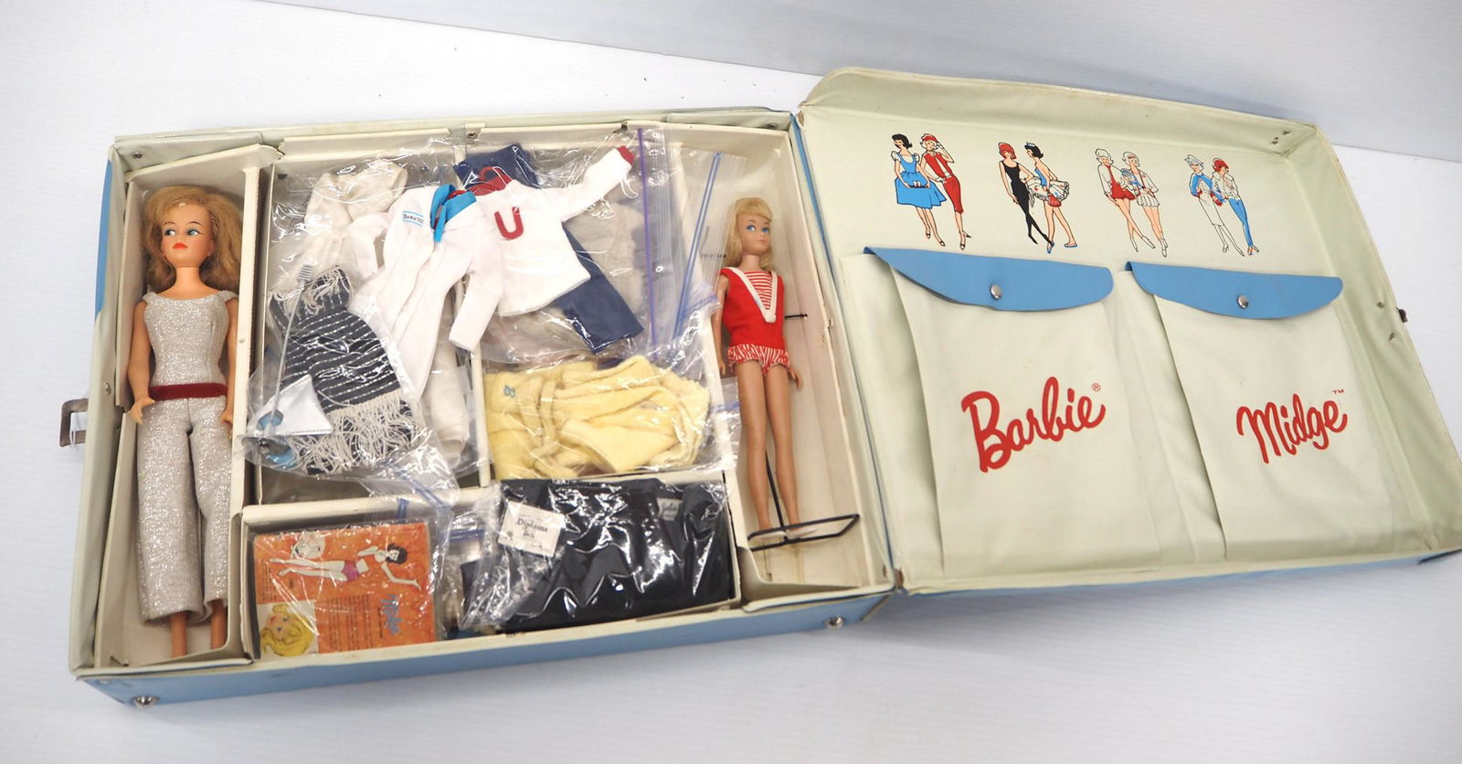 Barbie & Midge with 1964 Carry Case: Barbie & Midge 1960s Dolls with 1964 carry case complete with hangers & Barbie clothes (16+ sets) -Very Good