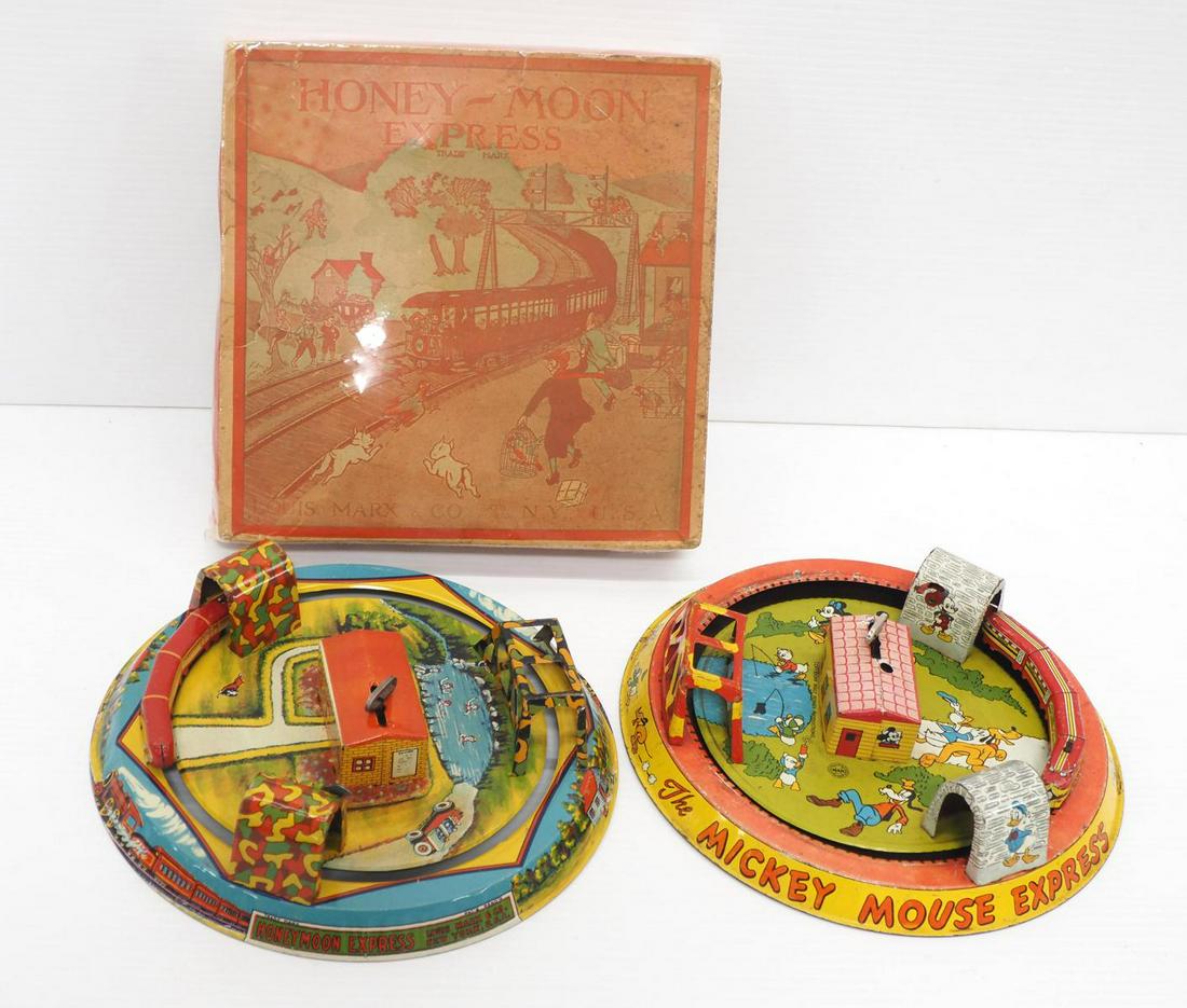 (2) Marx tin litho toys: (2) Marx tin litho toys: Honey-Moon Express with original good box -Excellent / Mickey Mouse Express -Good