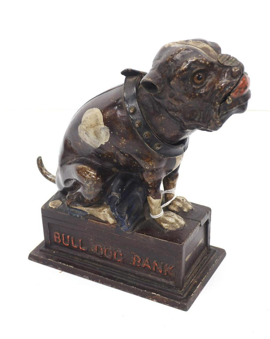 J & E Stevens 1880s Bulldog bank: J & E Stevens 1880s Mechanical cast iron Bulldog bank -Good