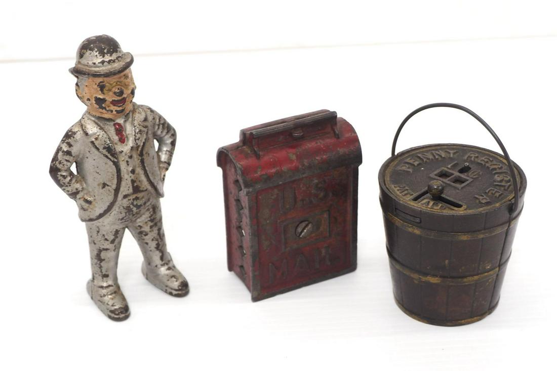 (3) Banks: (3) Banks: Penny Register tin pail, 1889 Kyser & Rex / cast iron US Mail box / Hubley cast iron Foxy Grandpa -Very Good