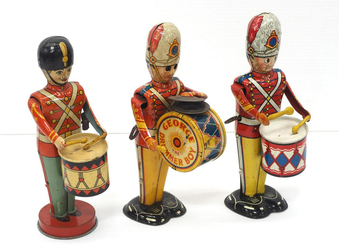 (3) Tin litho wind-up drummer toys: (3) Tin litho wind-up drummer toys: Chein Drummer Boy / Marx George the Drummer Boy / Marx drummer -Very Good, working