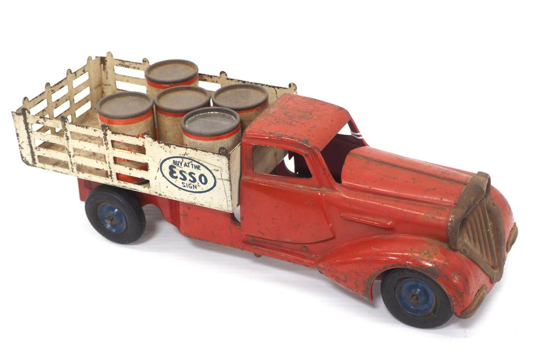 Esso Stake Truck with Oil Drums: Esso Stake Truck with Oil Drums, 13"L -Good