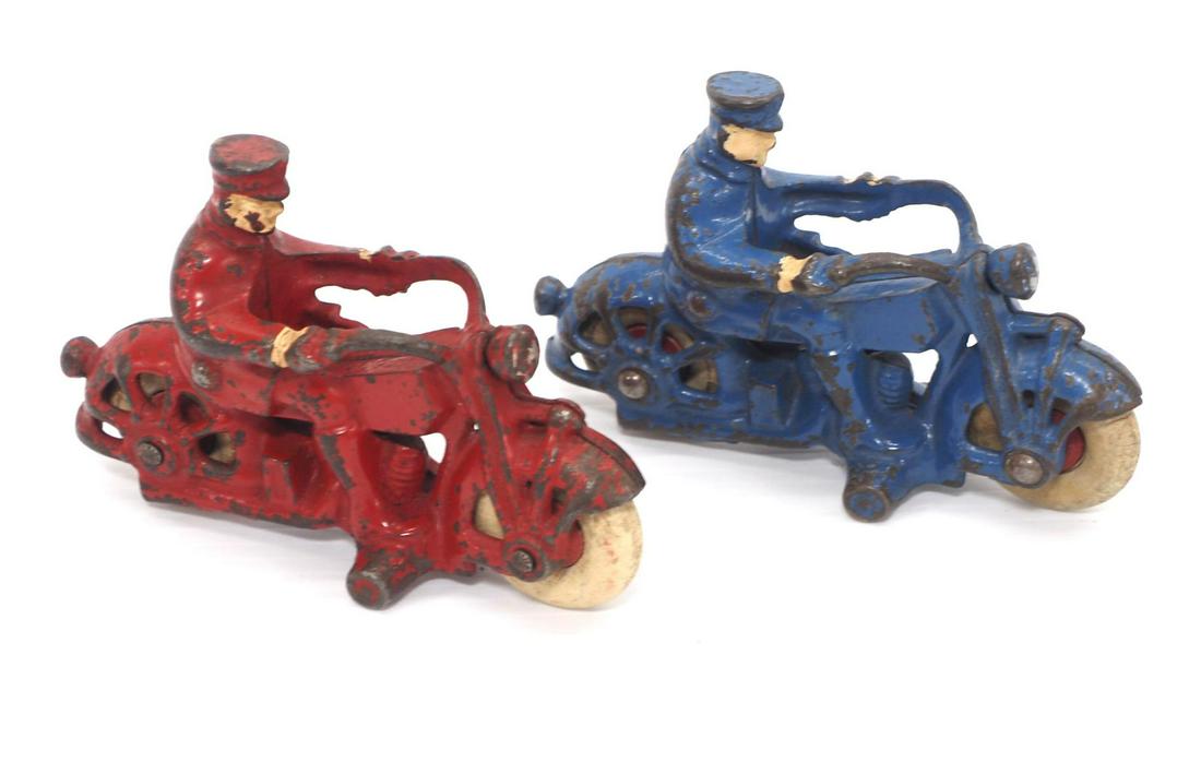 (2) Arcade cast iron Motorcycles: (2) Arcade cast iron Motorcycles: Red with rider, 5"L / blue, 5"L -Very Good