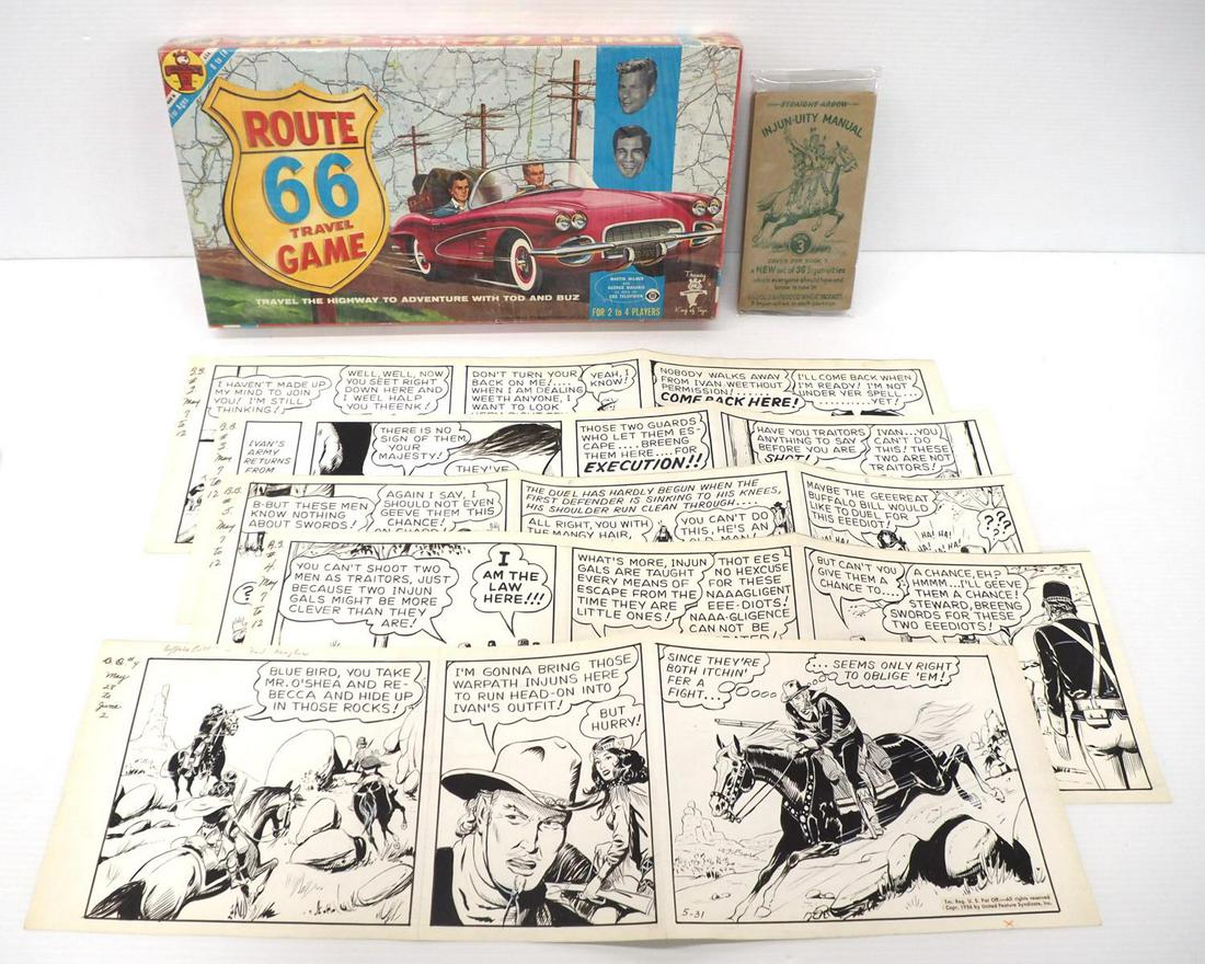 Comic Proof Sets / Travel Game / Premium: Buffalo Bill Newspaper Proof Sets, Copyright 1956, 5 sheets with notes on the side / Route 66 Travel Game in original box / Nabisco Shredded Wheat Premium "Straight Arrow" cards (22 cards) -Excellent