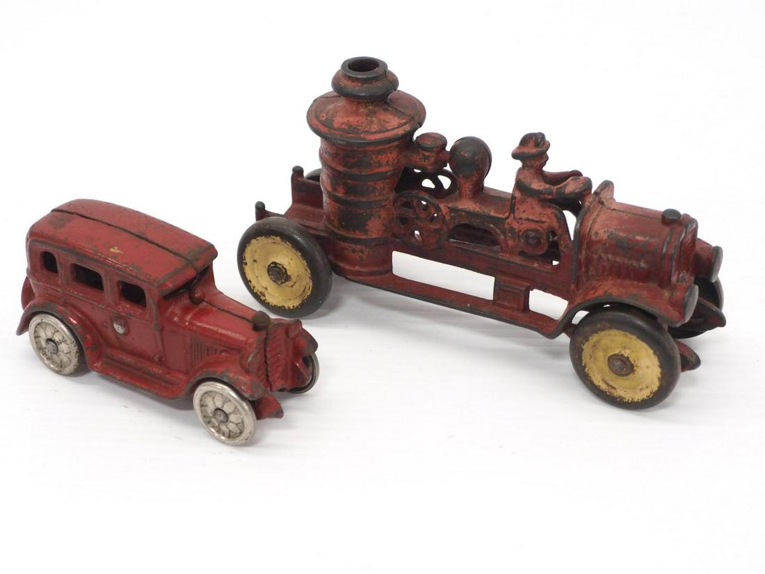 (2) Cast iron toys: (2) Cast iron toys: Arcade Coupe, 4¼"L / Kenton Fire Pumper, 6½"L -Very Good to Good original