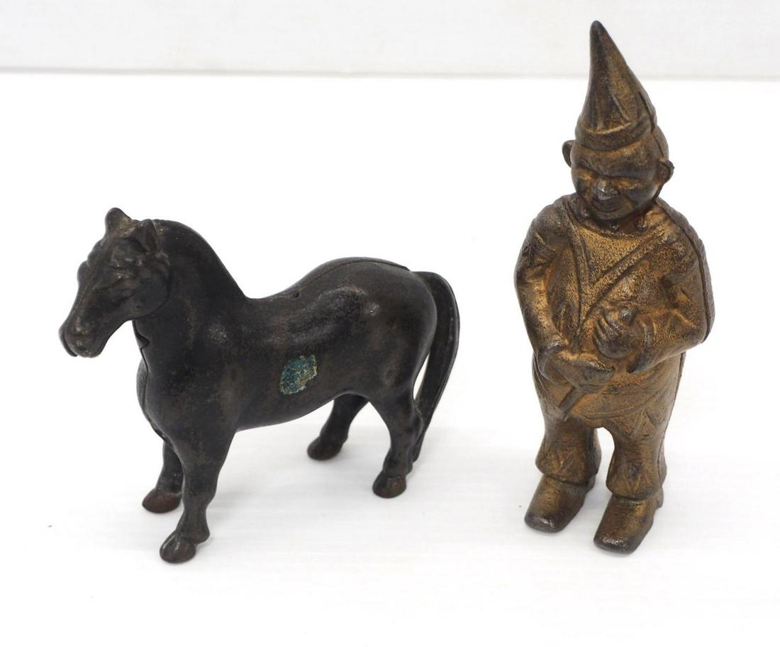 (2) Cast iron banks: (2) Cast iron banks: Clown, 6"H / Arcade Standing Horse -Excellent