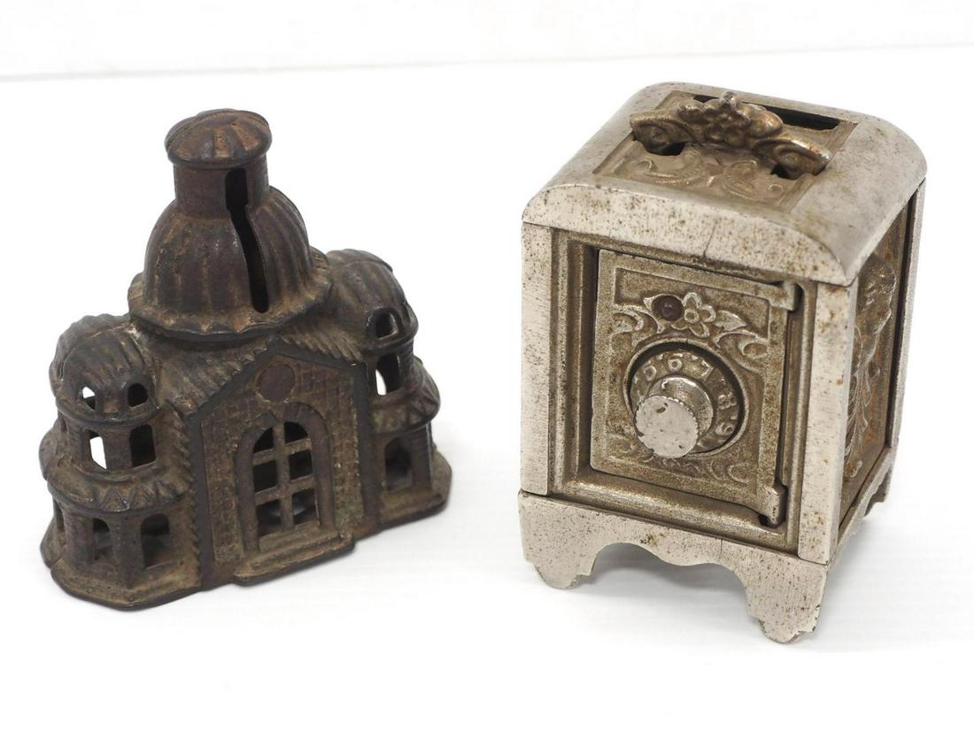 (2) Cast iron banks: (2) Cast iron banks: Kenton Savings Bank with angels, chrome, circa 1911 / Church shape -Very Good
