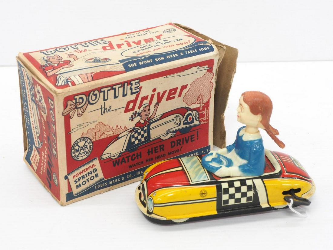 Marx wind-up Dottie the Driver: Marx wind-up Dottie the Driver in original box -Excellent, box has 1 insert flap missing