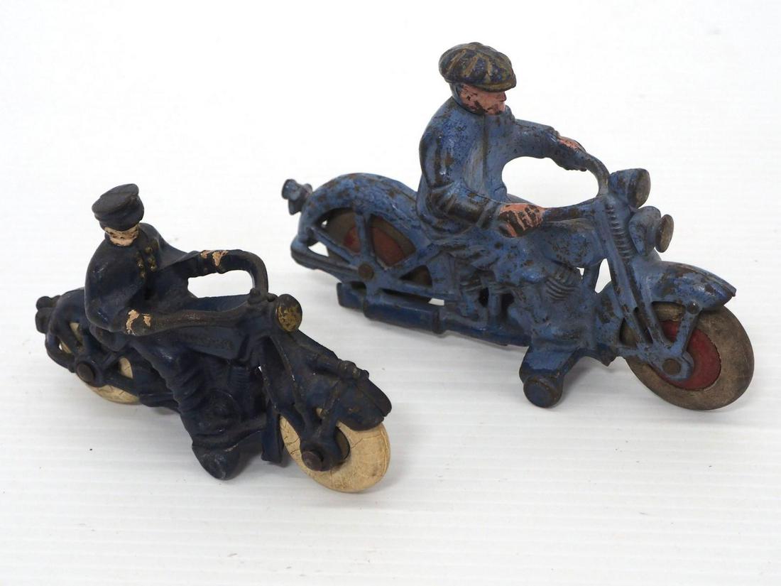 (2) Toy motorcycles: (2) Toy motorcycles: Harley Davidson Motorcycle with Rider, Blue, 6"L / Champion Motorcycle with Police in Blue, 5"L -Very Good