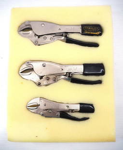 (3) Stanley Locking Pliers:: (3) Stanley Locking Pliers in display case: 8¾"L Leverage Tools Inc. marked Stanley 84-354 USA / 8½"L made by Stanley / 6¾"L made by Stanley