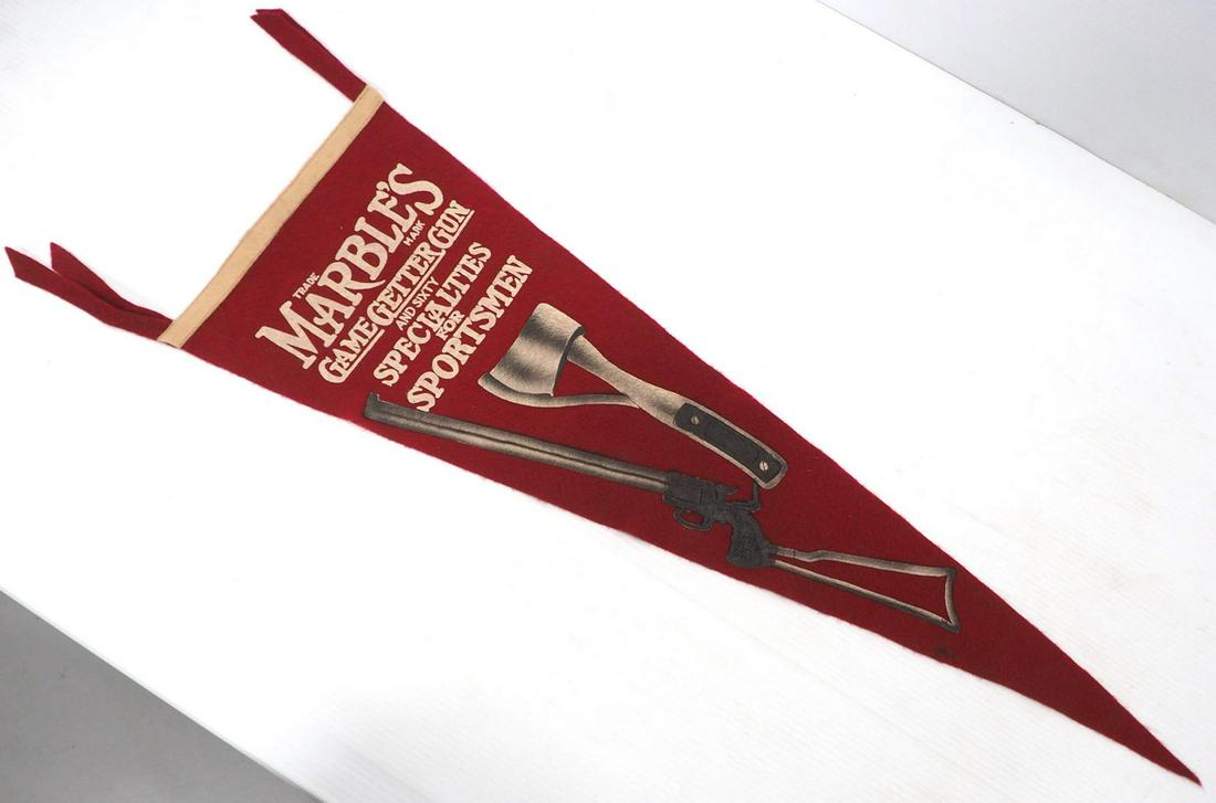 NOS Marble's Game Getter Gun felt banner: NOS 33"L Marble's Game Getter Gun and Sixty Specialties for Sportsmen felt banner -Mint