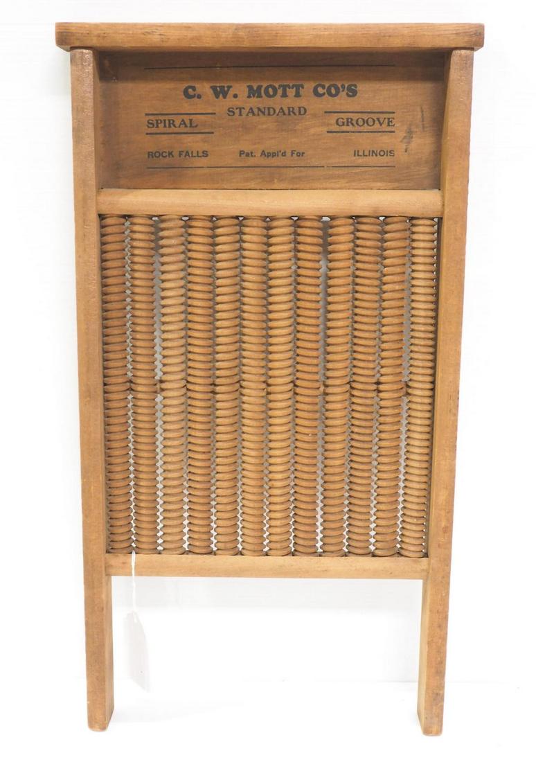 C.W. Mott Co. wooden spiral groove washboard: C.W. Mott Co. wooden spiral groove washboard