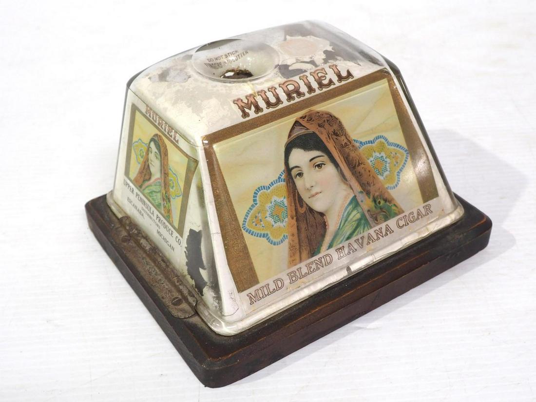 Muriel wind-up cigar cutter: Muriel wind-up cigar cutter, glass on wood base -glass has some paint flaking