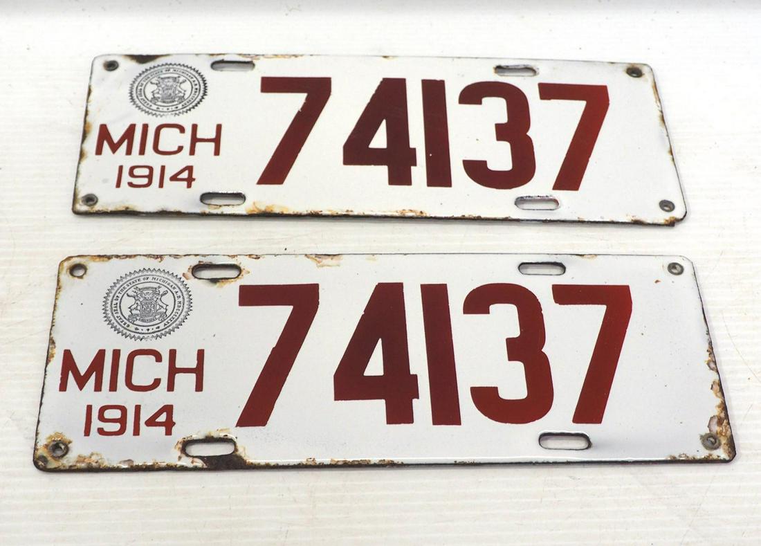 Pair of porcelain 1914 Michigan license plates (1 of 2)