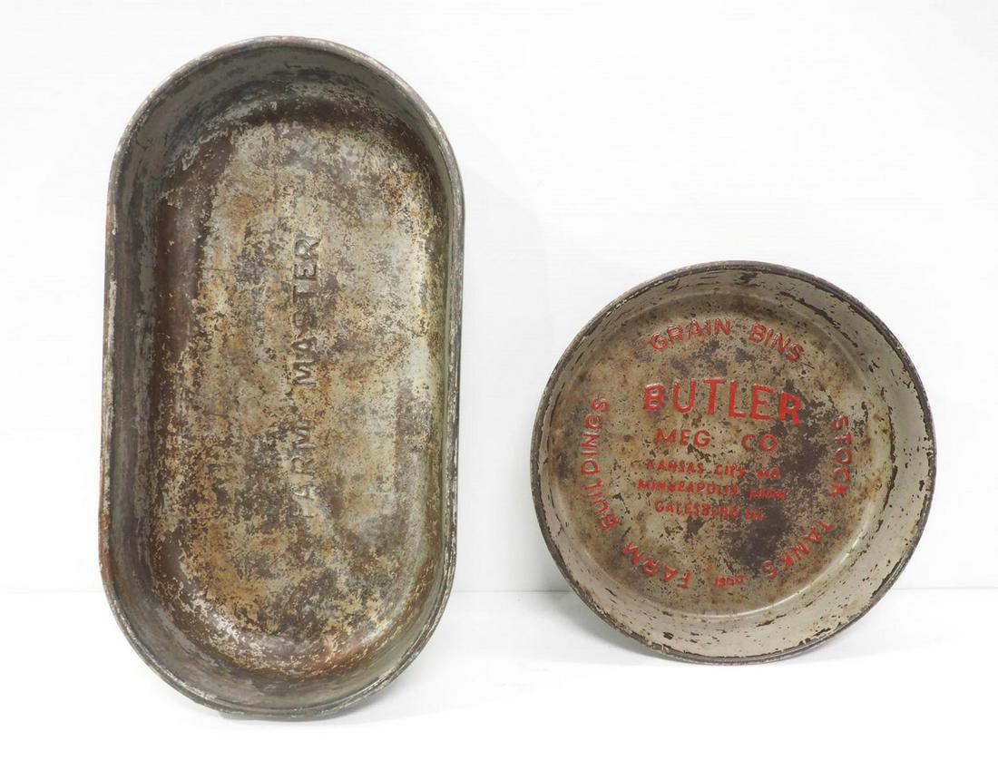 (2) Metal advertising hog troughs: (2) Metal advertising hog troughs: Butler Grain Bins, 16"dia. x 3.5"H / Farm Master, 25"x13"x5"H