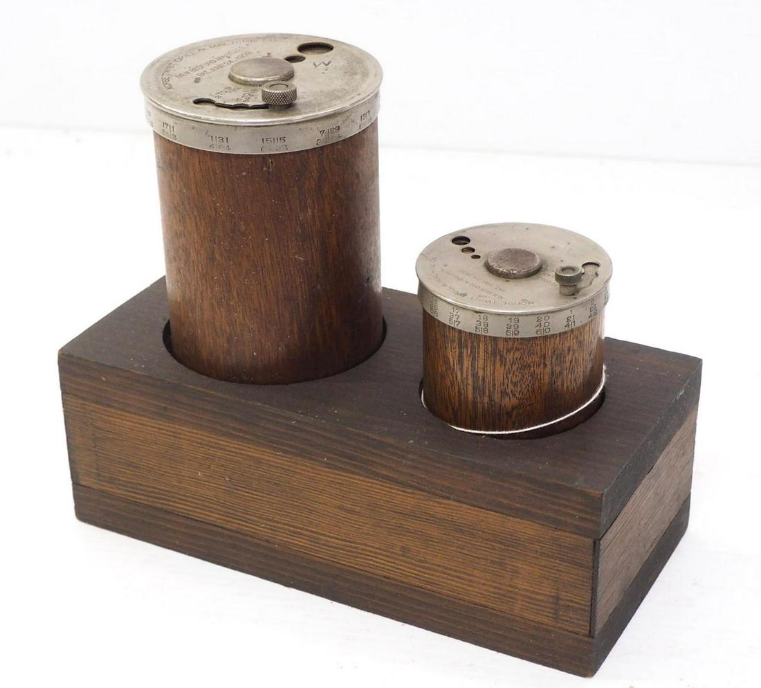 Morse Twist Drill drill bit containers: 2-pc. Morse Twist Drill & Machine Co. twist-type drill bit storage containers, tall one is 3.5"dia. x 7"H, small one is 3"dia. x 5"H