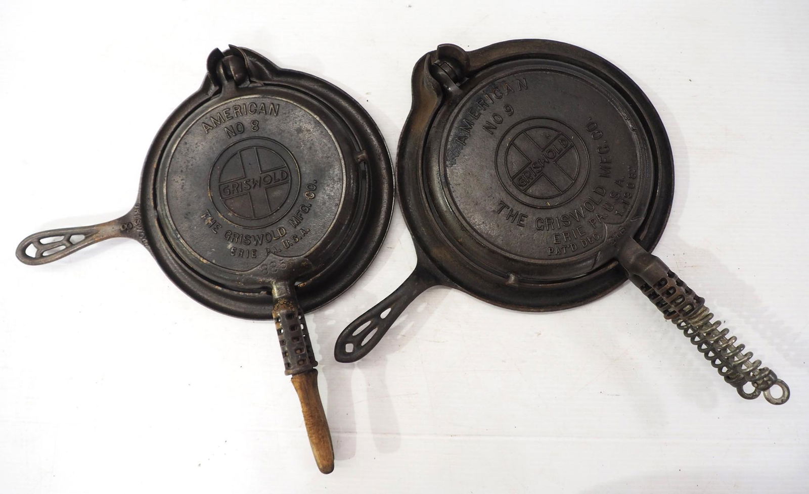 (2) Griswold cast iron waffle irons: (2) Griswold cast iron waffle irons with large block slant logos: No.8 / No.9