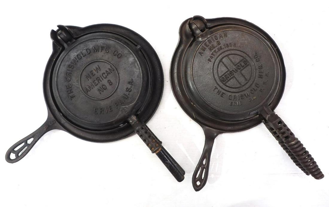 (2) Griswold cast iron waffle irons: (2) Griswold cast iron waffle irons: No.8 with large block logo / No. 8