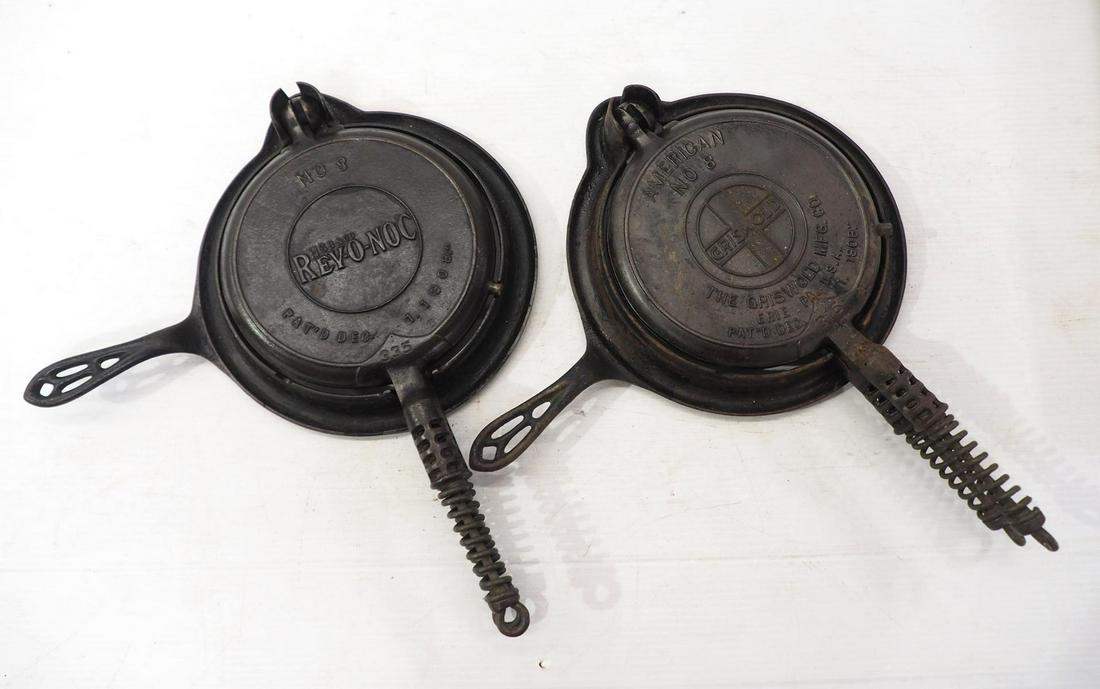 (2) Cast iron waffle irons: (2) Cast iron waffle irons: HSB&Co. Rev-O-Noc No.8 / Griswold No.8 with large block slant logo
