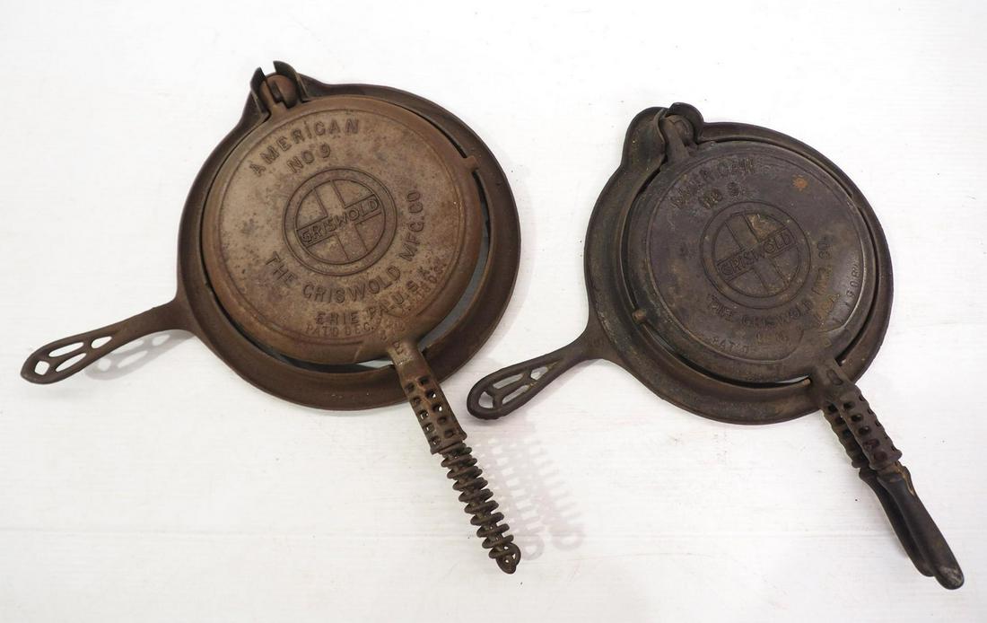 (2) Griswold cast iron waffle irons: (2) Griswold cast iron waffle irons with large block slant logos: No.8 / No.9