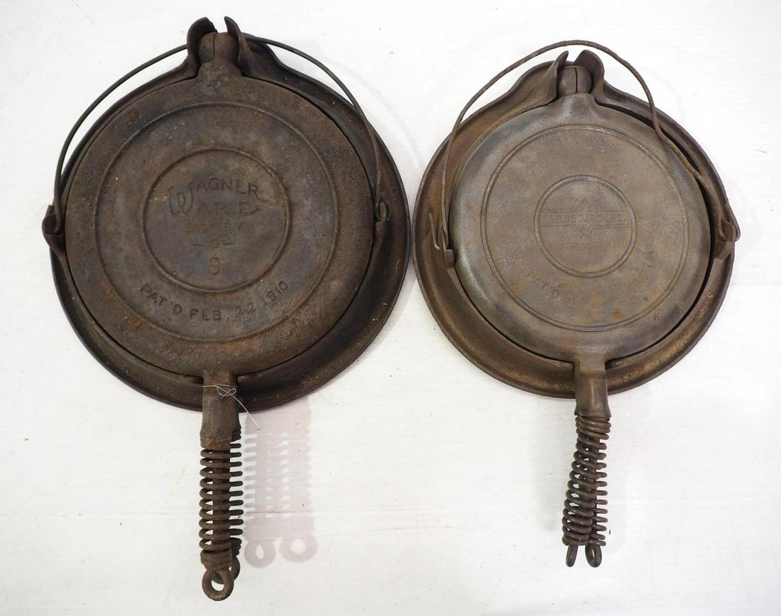 (2) Cast iron waffle irons: (2) Cast iron waffle irons: Montgomery Ward's Cast Iron / Wagner No.9