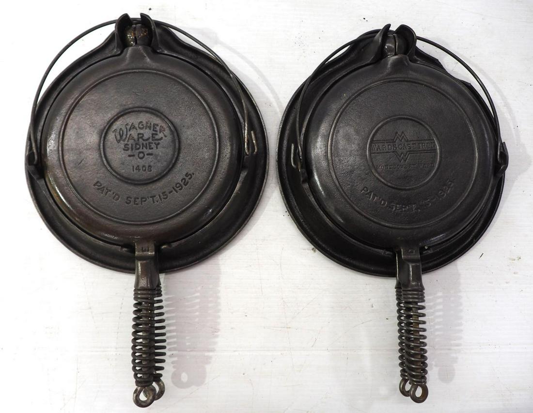 (2) Cast iron waffle irons: (2) Cast iron waffle irons: Wagner 1408 / Montgomery Ward's Cast Iron
