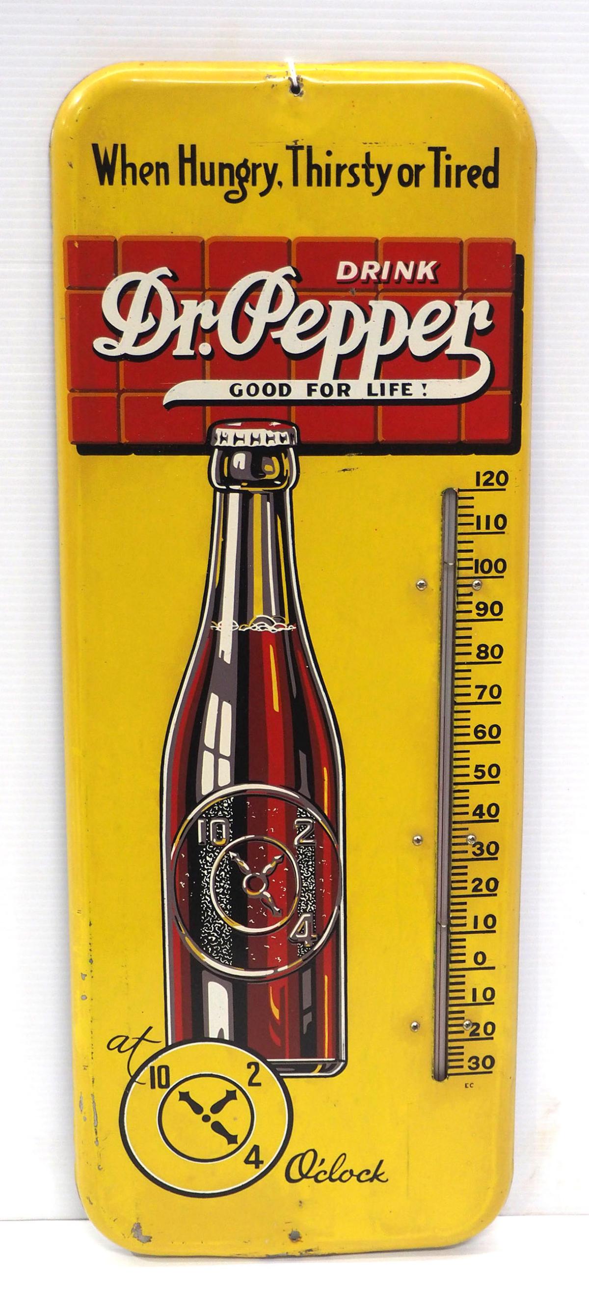 Drink Dr Pepper thermometer: 26"x10" tin Drink Dr Pepper thermometer, tube is working -Good